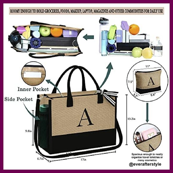 Personalized Jute Tote Bag with Makeup Pouch Elegant Monogram Embroidery Gift - Picture 5 of 8